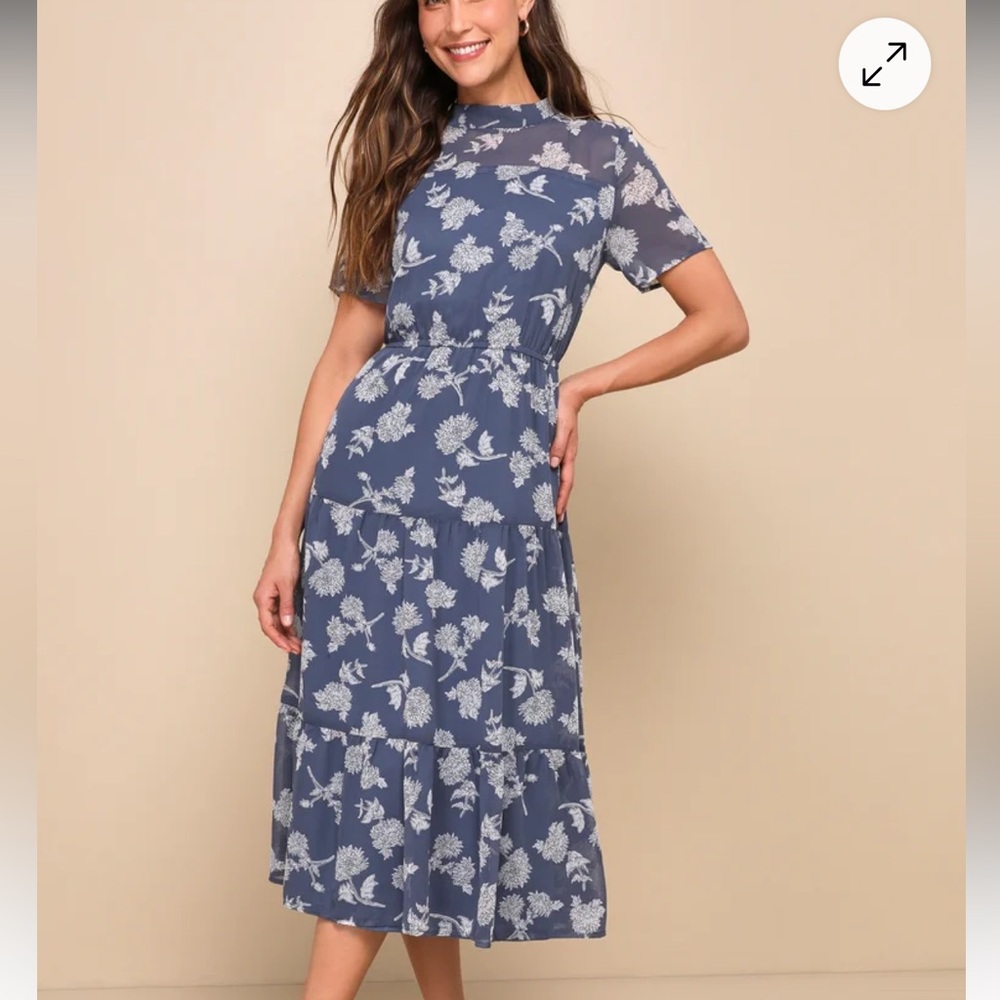 Lulus Floral Dressed Up Dusty Blue Midi Dress